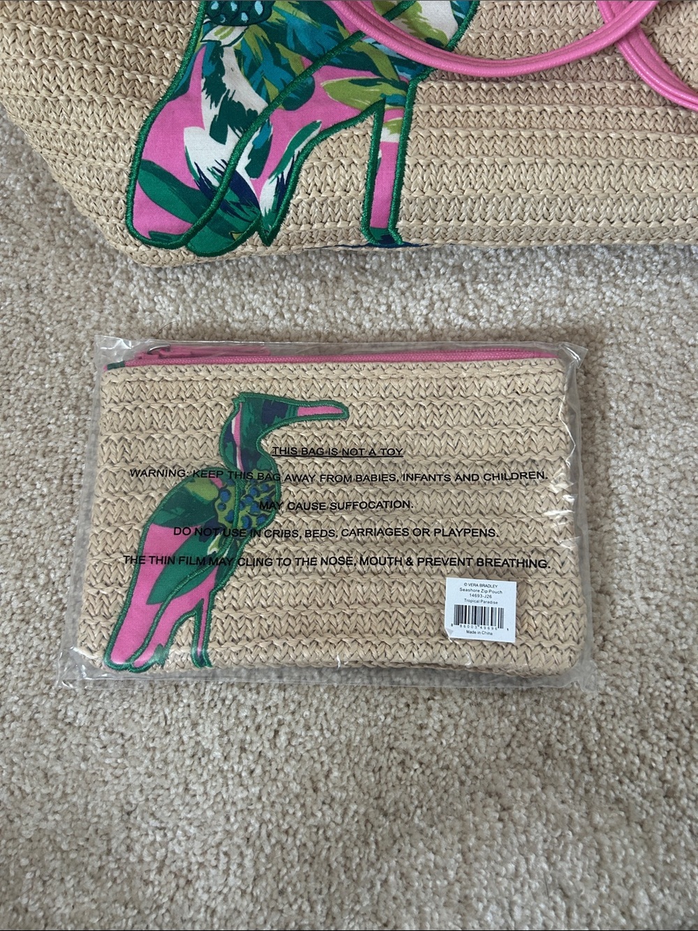 Vera Bradley Straw Tote Bag with Pink Tropical Bird Accent - Picture 2 of 6
